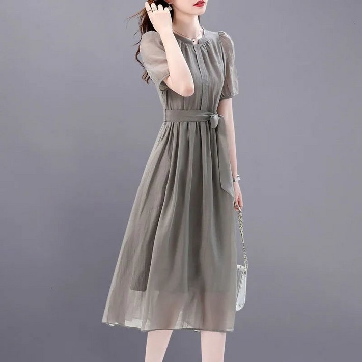 셀럽당여성 쉬폰 원피스 슬림핏 미디 반팔 여름 원피스