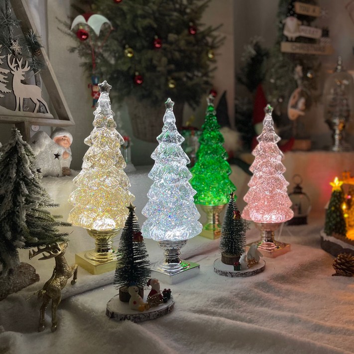 크리스마스 파인트리 워터볼 오르골 스탠드 투명 아이스 반짝이 무드등 장식 인테리어 소품, 골드