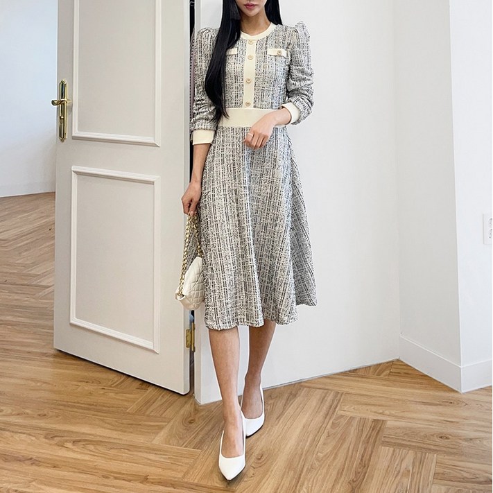 트위드 배색 라인 플레어원피스3color