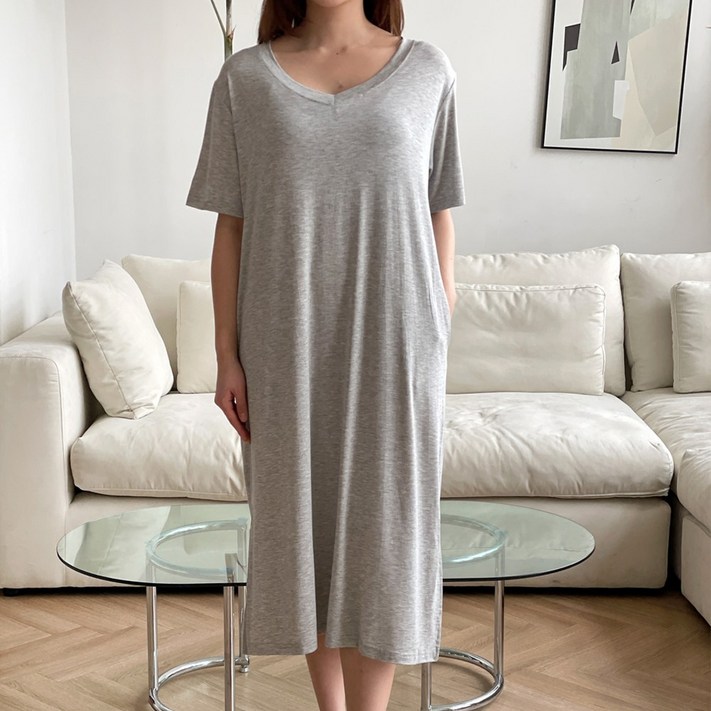 코마드 V넥 루즈핏 반팔 홈웨어 롱원피스 WOP680