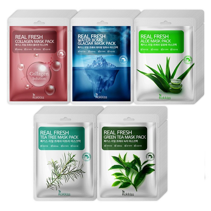 록키스 리얼 프레쉬 마스크팩 빙하수 10p + 콜라겐 10p + 티트리 10p + 알로에 10p + 녹차 10p 세트, 1세트