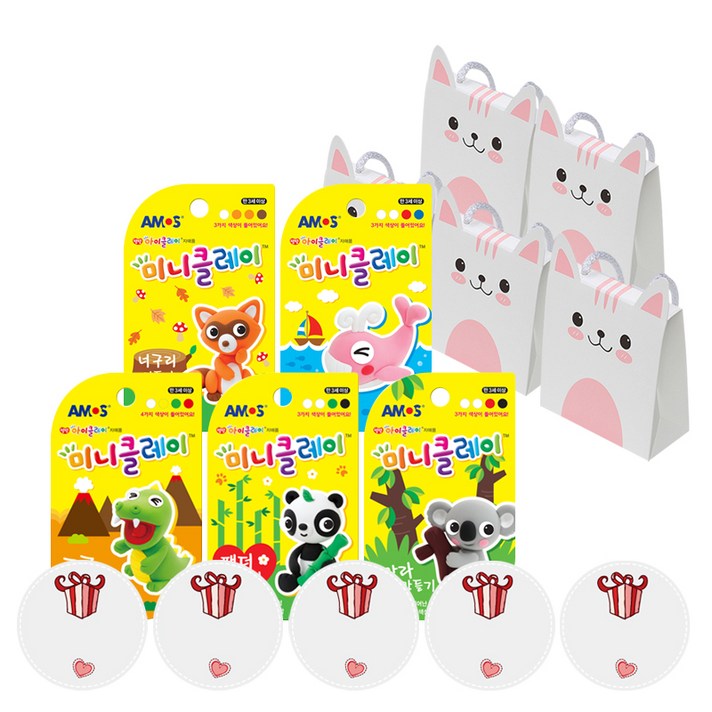 킨더맘 캐릭터 끈상자 핑크 + 아모스 미니클레이 5p + 축하해 스티커 5p 세트, 랜덤 발송, 1세트
