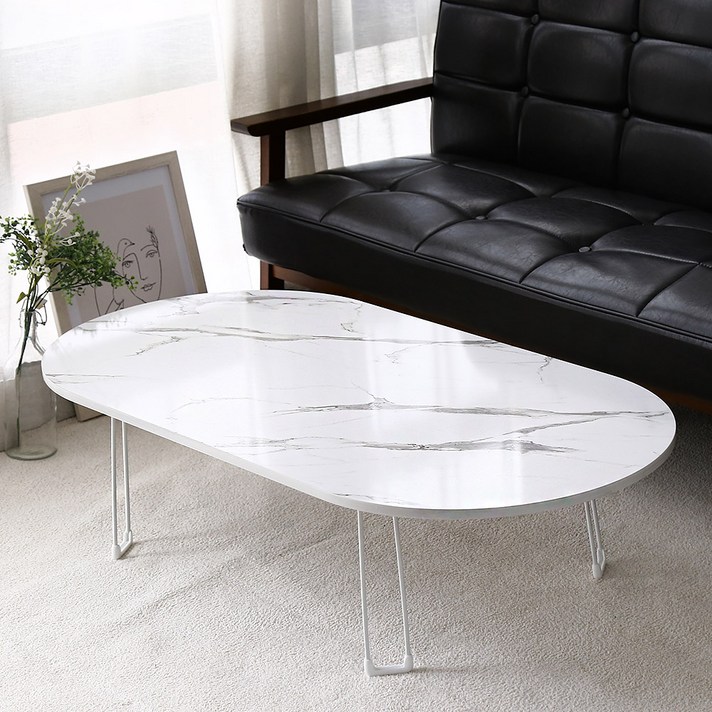 벨라홈 LPM 샤르망 타원형 접이식테이블 1200 x 600 mm, 마블화이트