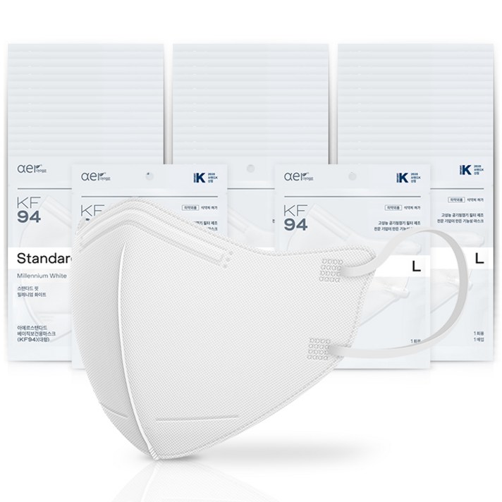 아에르 스탠다드 베이직 보건용 마스크 대형 KF94, 1개입, 50개, 밀레니엄 화이트