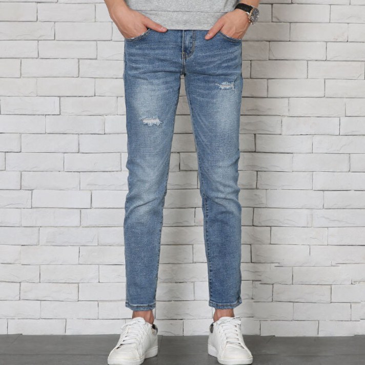 남성용 슬림일자 구제 시크릿밴딩 9부 청바지 FJ945