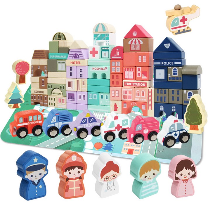 젠토이 코펜하겐 원목 빌딩 놀이판 블록 140p, 랜덤발송