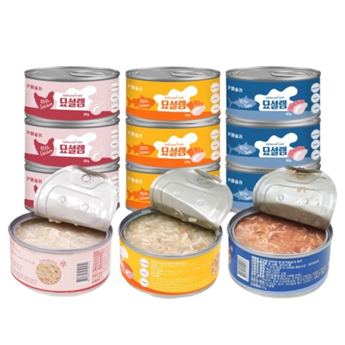 페슬러 묘설렘 내추럴 고양이 간식캔 12종, 혼합맛닭가슴살참치연어, 1세트, 80g