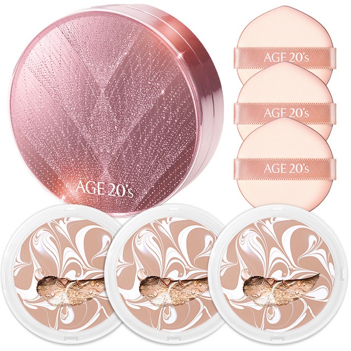 에이지투웨니스 트윙클 에디션 에센스 커버 팩트 케이스 + 리필 12.5g x 3p, 화이트 베이지 (21호), 1세트