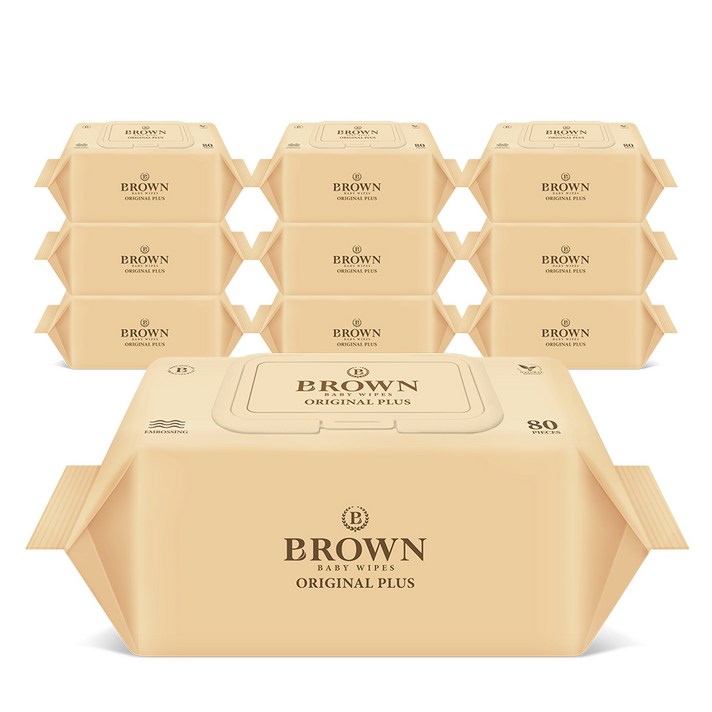 브라운 오리지널 플러스 저자극 아기물티슈 캡형, 80매, 10팩