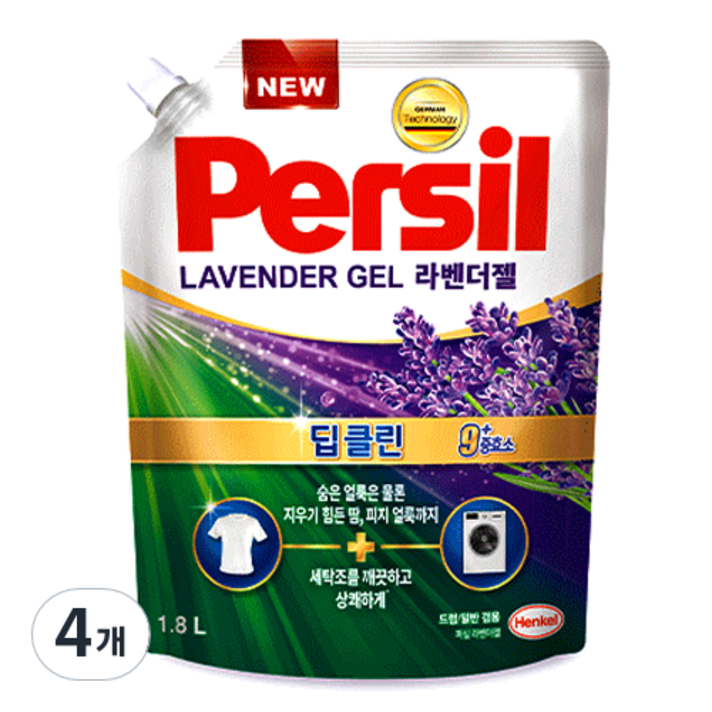  퍼실 플러스 9중효소 겸용 액상세제 라벤더젤 리필, 1.8L, 4개 