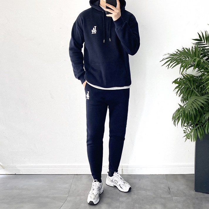 남성용 LA 자수 오버핏 후드티 조거팬츠 트레이닝복 상하의 세트