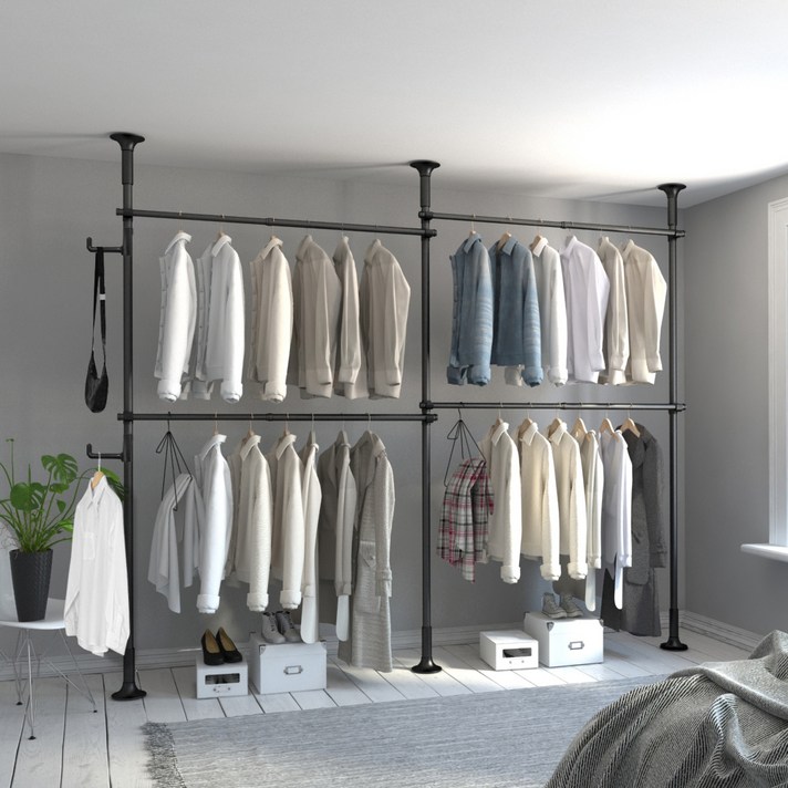  리우리빙 4단 튼튼한행거 + 다용도걸이 세트, 블랙 