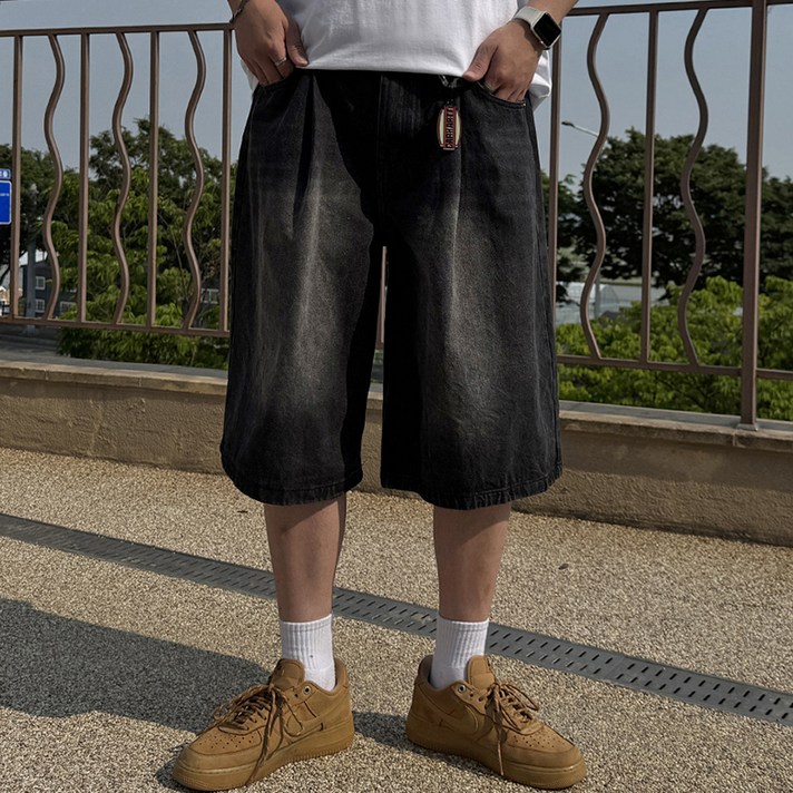 남성용 원턱 벌룬 버뮤다 와이드 데님 팬츠