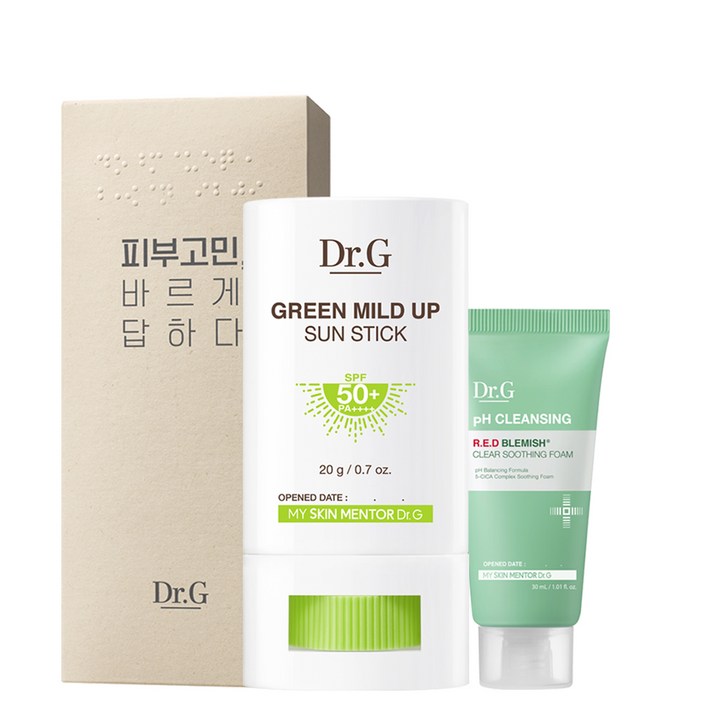 닥터지 그린 마일드 업 선스틱 SPF 50+ PA++++ 20g + 레드 블레미쉬 클리어 수딩폼 30ml 세트, 1세트