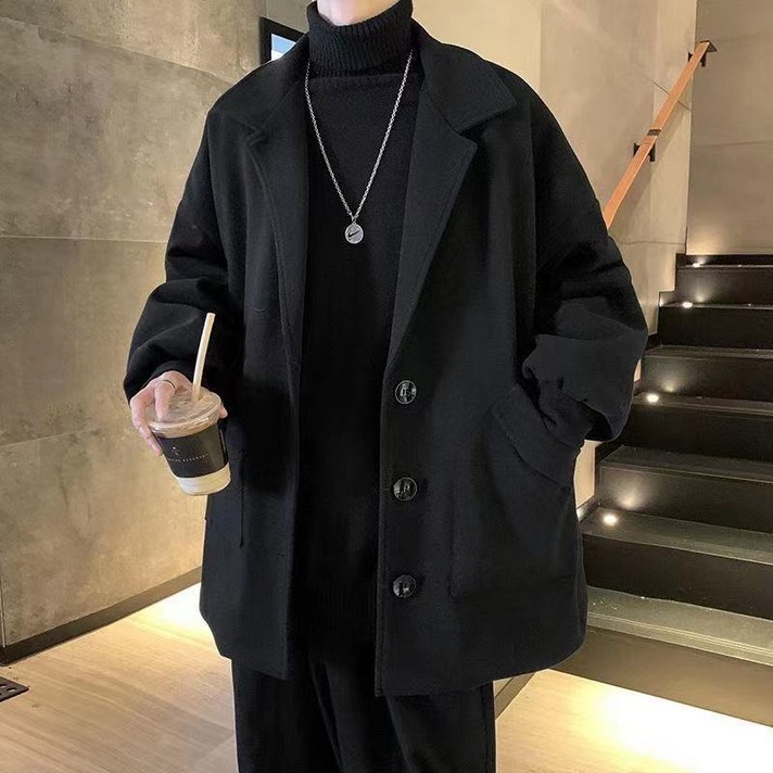보온되는 루즈한 트렌드 모직 코트 순색 양복 목폴라 롱 코트