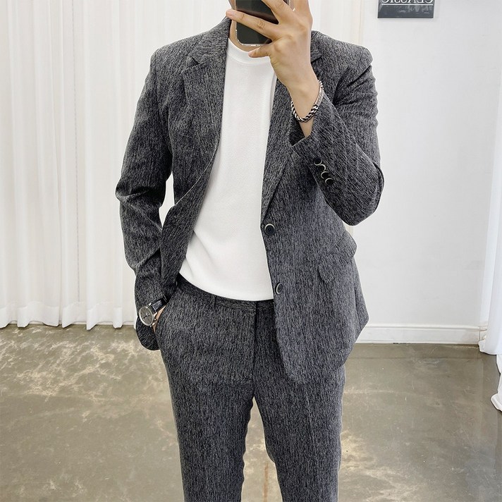 아도르클래식 심플 2컬러 보카시 체크 반밴딩 한여름 봄 가을 캐주얼 스판 정장 수트 세트