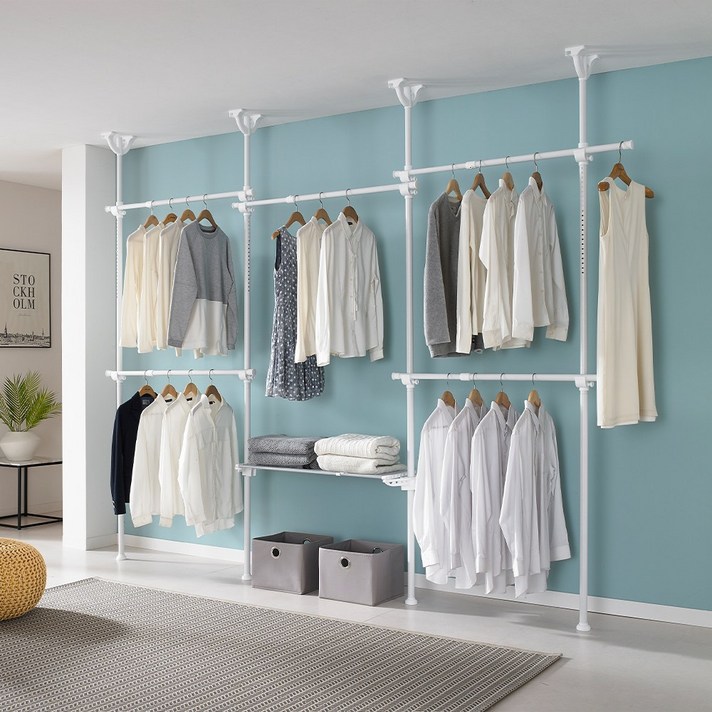6단 무타공 드레스룸 고정식 행거 EO406W 튼튼한 선반 설치형 헹거, 단일상품