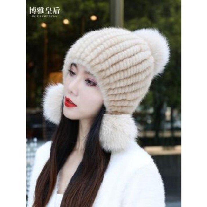 여자 밍크 모자 방울털 니트 모피 할머니 털담비모녀 겨울 귀달이 리얼 패션 여우털담비모