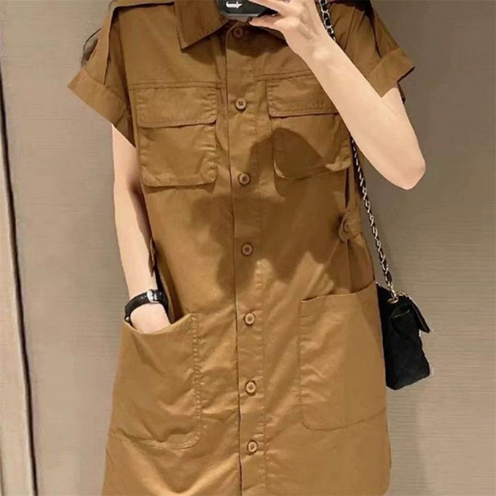 Vezri 여성용 여름 포켓 박시 카고 일자 셔츠 스커트 심플 디자인 원피스 JHW