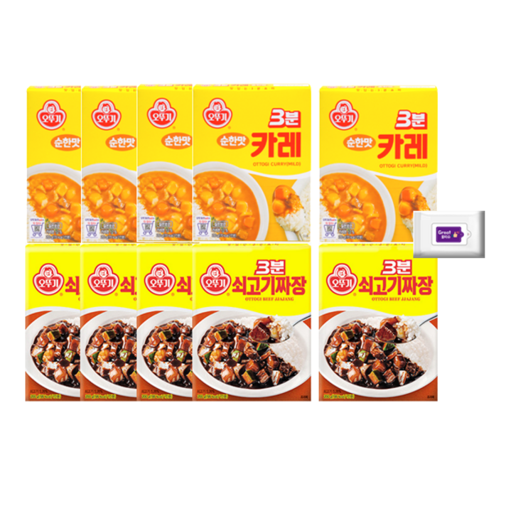 오뚜기 3분카레순한맛(200g) 5개+쇠고기짜장(200g) 5개+그레잇물티슈(10매), 1세트