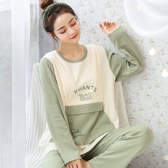 수유복 산후조리복 여름얇은스타일 분만후 순면 오버사이즈 통기성 땀흡수 6월 7월분 수유 임산부 여름, 베이지 색 만화 Dumbog, XLml