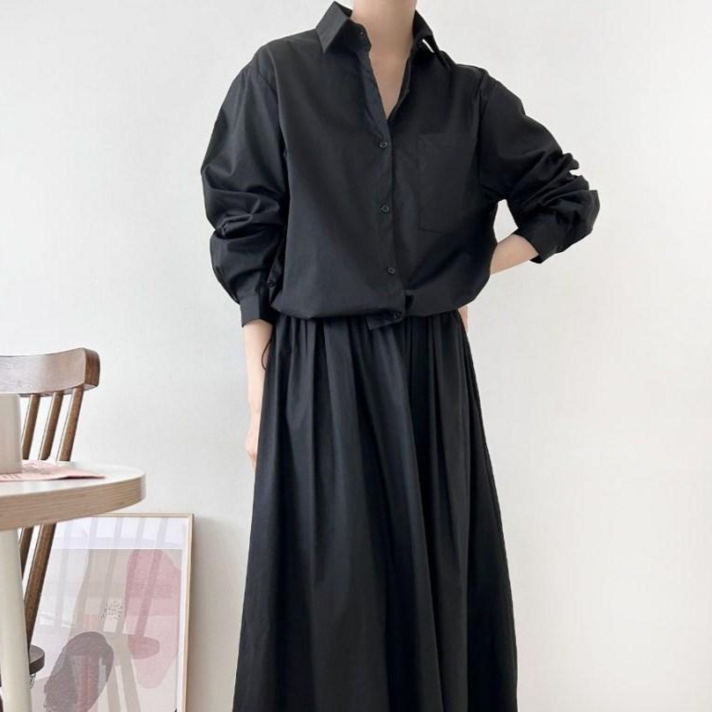 투디 심플 베이직 바스락 셔츠 롱스커트 셋업 스커트세트 빅사이즈 데일리룩 오피스룩, 3컬러