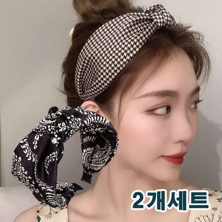 워더미 ﻿[2개세트] 블랙 체크 와이드 반다나 꼬임 헤어밴드 머리띠 F570