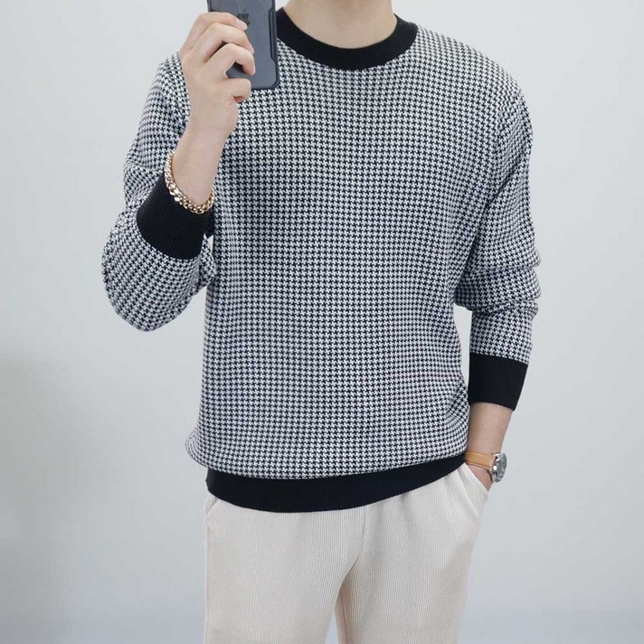 로코비전 프리미엄 울 하운드 스웨터 남자 라운드 블랙 베이지 긴팔 오버핏 니트