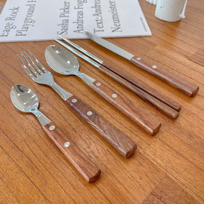 우드 핸들 포크 나이프 스푼 디저트스푼 커트러리 수저 세트, 실버+브라운