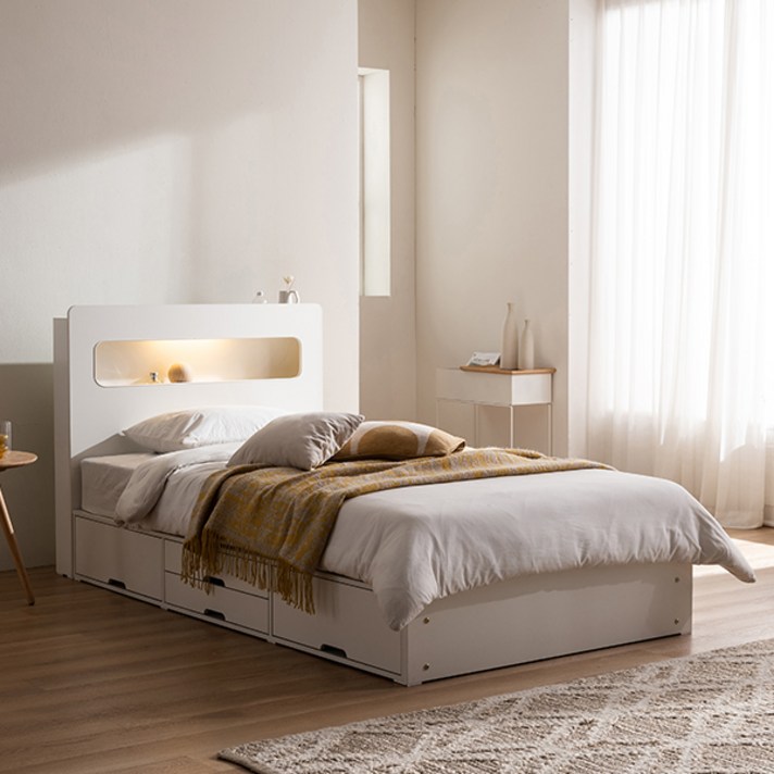 [삼익가구] 레이즈 LED 4단 수납 침대 슈퍼싱글 퀸 SS Q 일반 독립스프링 라텍스, 화이트