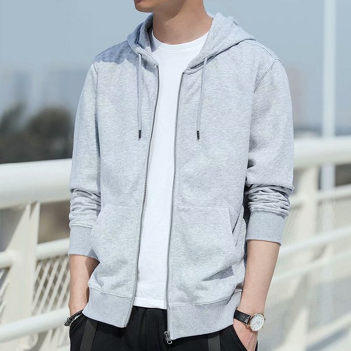 M-5XL Oversized 패션 남성 캐주얼 회색 후드 지퍼 얇은 코트