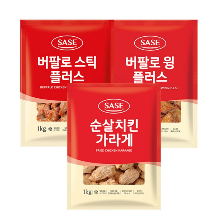 사세 버팔로스틱1kg+버팔로윙1kg+순살치킨가라아게1kg, 1kg, 3개