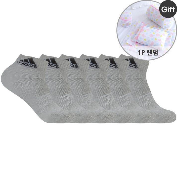 아디다스 남성 스포츠 양말 6팩 세트 + 사은품랜덤 발목 양말 두꺼운 발편한 양말, 그레이 6P