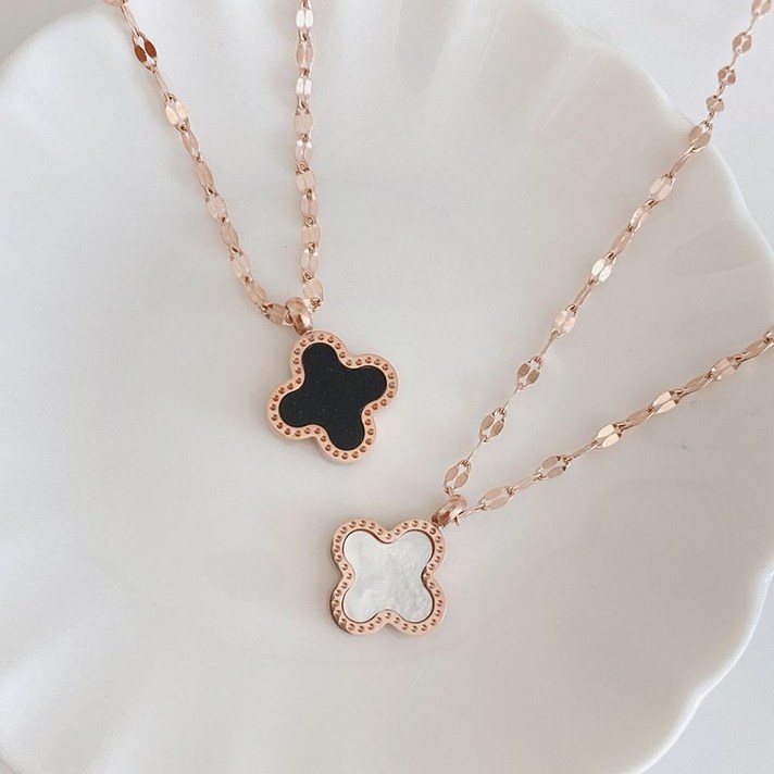 도그월드 YJN013 [양면자개] 써지컬스틸 클로버 크로바 목걸이 18K 도금 (골드 실버 색상 추가)