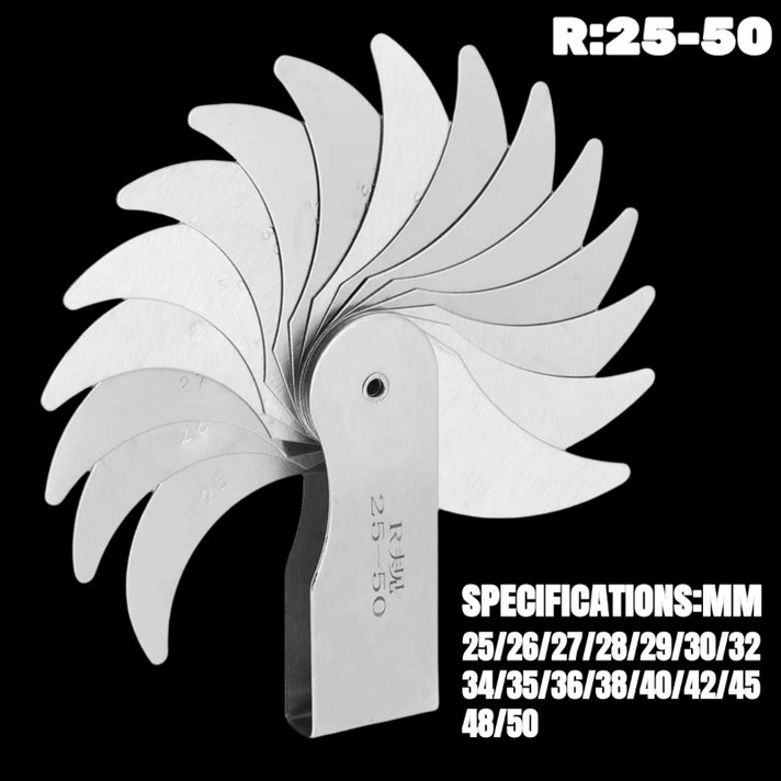 R2550MM 반경 게이지 16 블레이드 스테인레스 스틸 반경 게이지 스레드 피치 확인을 위한 금속 R 게이지