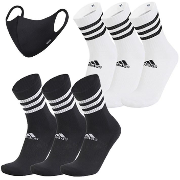 아디다스 3S CSH 블랙 N 화이트 6P 스포츠 양말 + 패션마스크, 블랙-화이트 (6P)