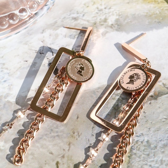 써지컬스틸 여성 스틱버튼 코인두줄체인귀걸이 2컬러