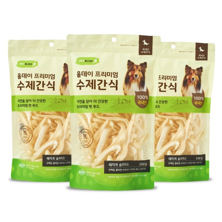 펫블리스 프리미엄 올데이 스틱 강아지 수제간식, 3개, 250g, 돼지귀 슬라이스