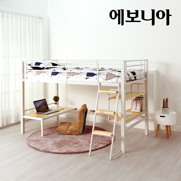 [11조한정 즉시할인+원목발판증정]에보니아 럭키 좌식 철재벙커침대 매트제외+책상(소)+2단책장, 화이트_프레임