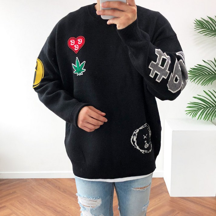 오버핏 홀리 레터링 심플 낙서 도톰 자가드 니트 티셔츠 3color