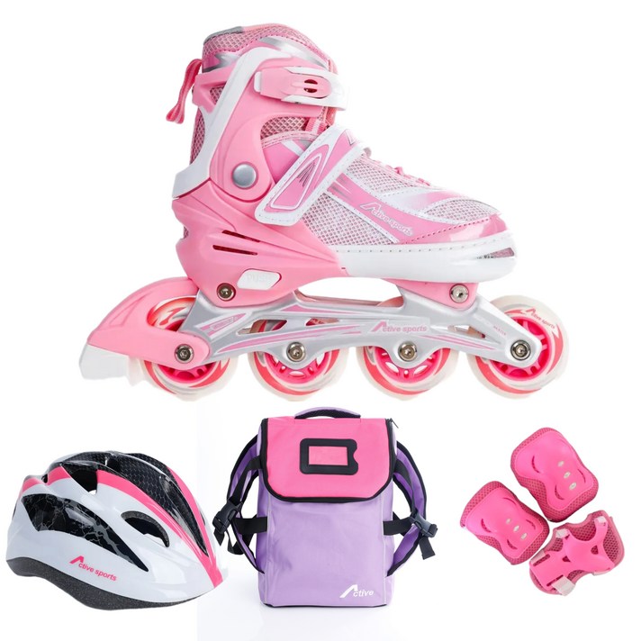 인라인세트 사이즈 조절형 아동용 발광바퀴 인라인 스케이트헬멧보호대가방, 스마트 핑크, 1개