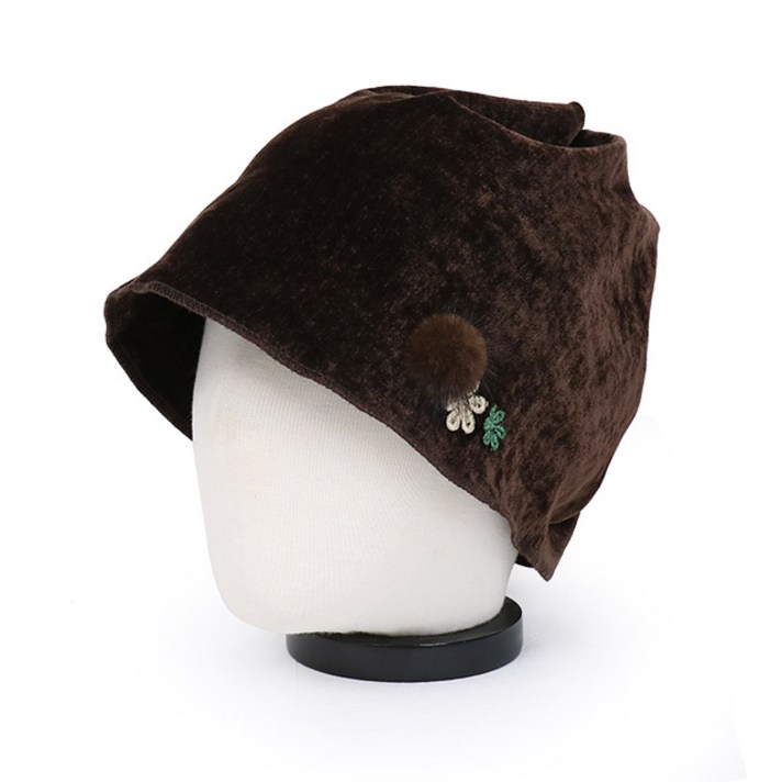 베이직엠 여성 겨울모자 반다나 두건 비니 벨벳 뭉치 코사지