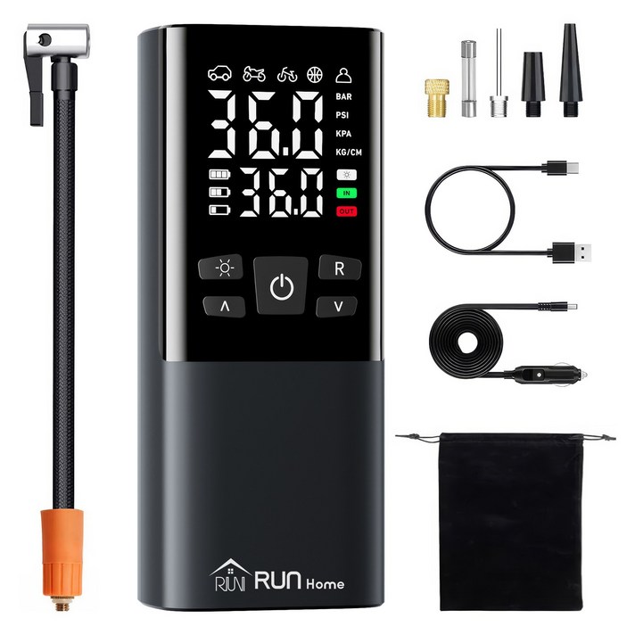 RUNHome 휴대용 무선 타이어 공기압 주입기 6000mAh 다용도, 블랙, 1개 RUNHome 휴대용 무선 타이어 공기압 주입기 6000mAh 다용도, 블랙, 1개