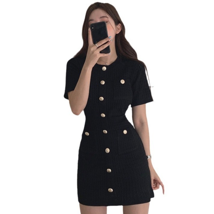 라인 배색 슬림 포켓 미니 원피스