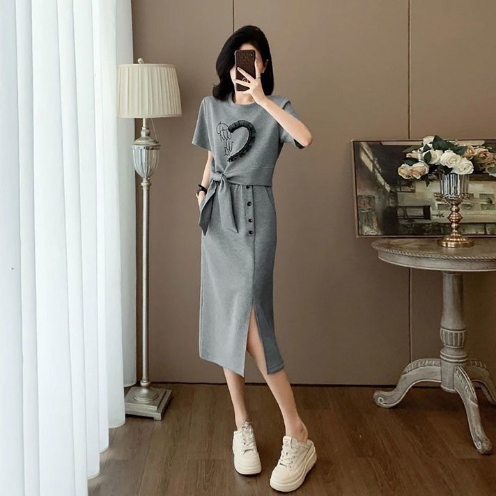 지고다그 여성용 여름용 반팔 셔츠 상하의 세트 허리라인 커버 슬림핏 통바지 투피스 ZK6072