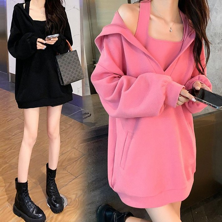 RUNYAYA 여자 나시 원피스 오프숄더 후드맨투맨 세트 예쁜 루즈핏 후드원피스 빅사이즈 150kg까지