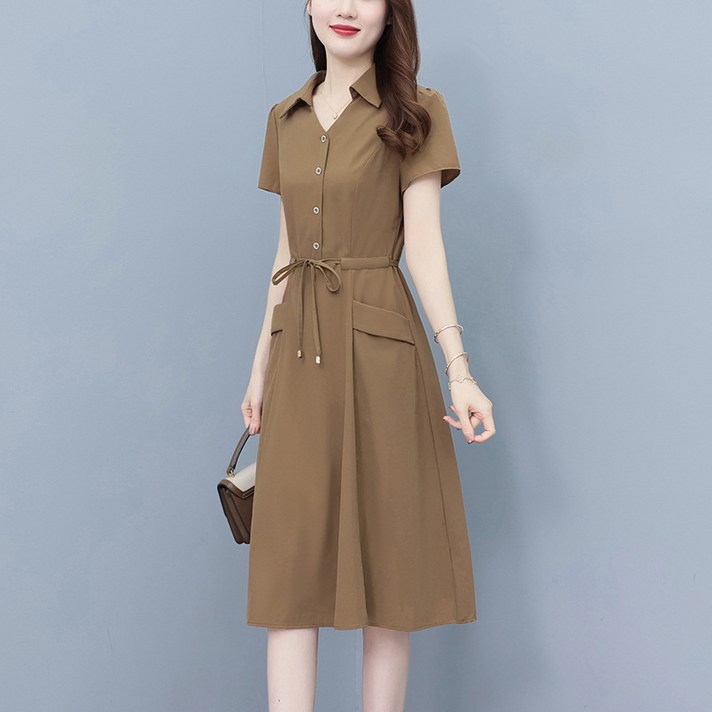 AOKADA 중년 여성 여름 반팔 원피스 엄마 솔리드 슬림핏 엄마옷