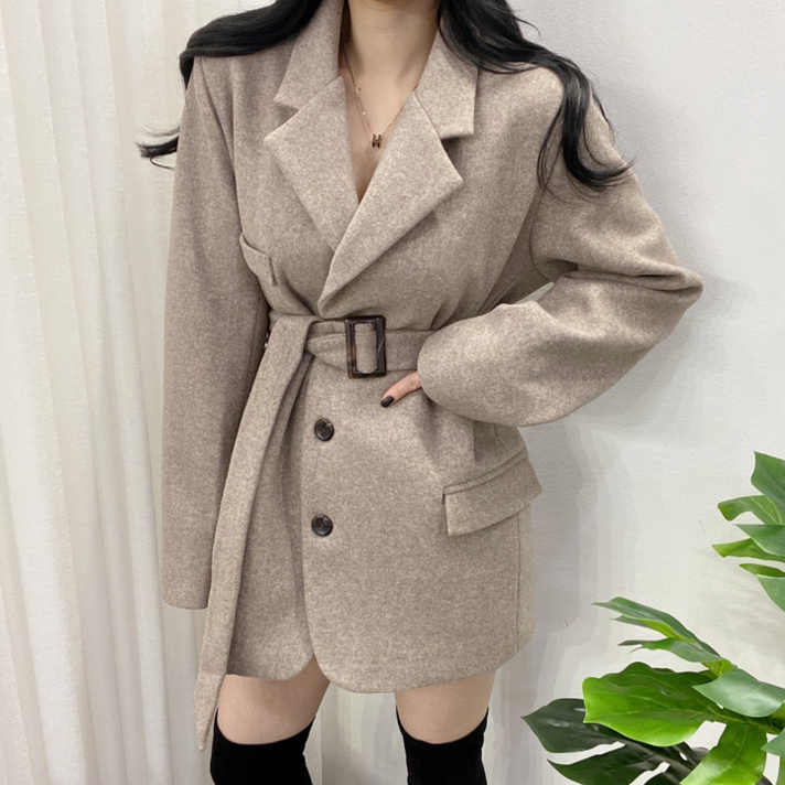 톡톡 벨트 오버핏 누빔 울 코트