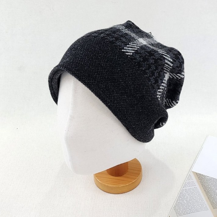 가을 겨울 체크라인 니트 두건 비니 중년 반다나 여자 모자