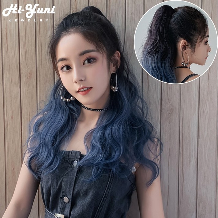 하이유니 옴브레 포니테일 가발 53cm, 브라운블랙-애쉬그레이, 1개